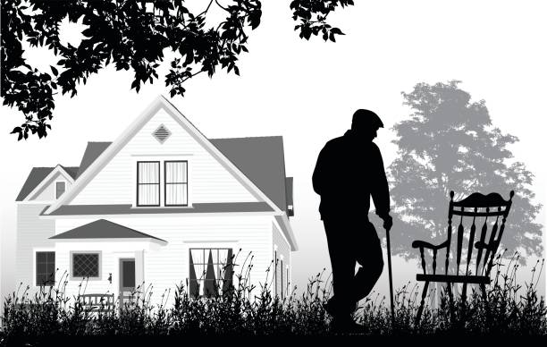 Farm House Relax Silhouette vector illustration of an old man outdoors in front of his house under a tree and walking towards a rocking chair old man in rocking chair silhouette stock illustrations