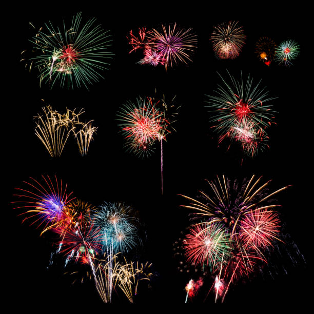 istock Fireworks collection on dark sky background, set of beautiful firework individually 683466384