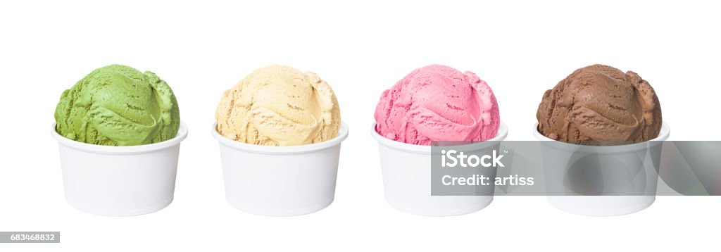Ice cream scoops in white cups of chocolate, strawberry, vanilla and green tea flavours isolated on white background Ice cream scoops in white cups of chocolate, strawberry, vanilla and green tea flavours isolated on white background (clipping path included) Ice Cream Stock Photo