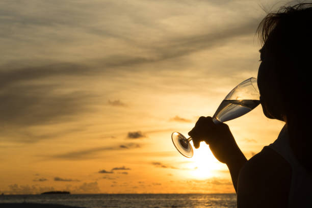 female silhouette with wine on beautiful sunset