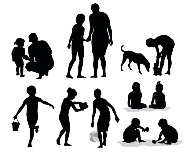 Teaching Parents Silhouette vector illustration collection of parents and their children playing outdoors in the summer sand clipart stock illustrations