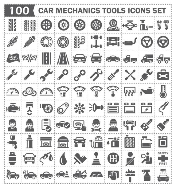 ilustraciones, imágenes clip art, dibujos animados e iconos de stock de icono de mecánica del automóvil - garaje de reparación