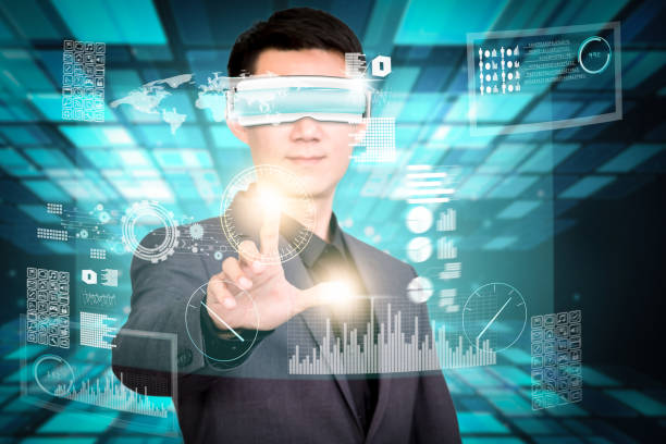 istock abstract technology background and business man with virtual reality goggles 683496420