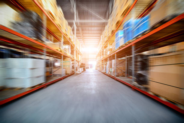 istock Long shelves with a variety of boxes and containers 683497280