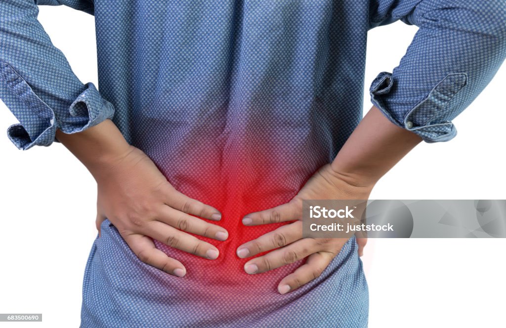 man suffering  with back pain backache Pain relief concept Backache Stock Photo