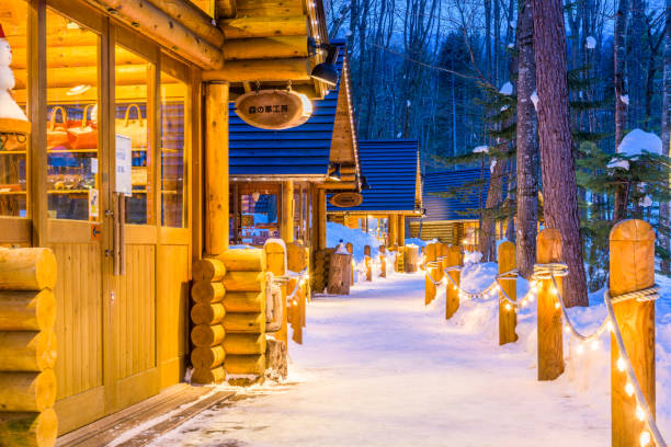 Furano Japan at Ningles Terrace Ningle Terrace at twilight in the winter. The collection of cottages situated in the woods are boutique shops specializing in handmade craft items. furano basin stock pictures, royalty-free photos & images
