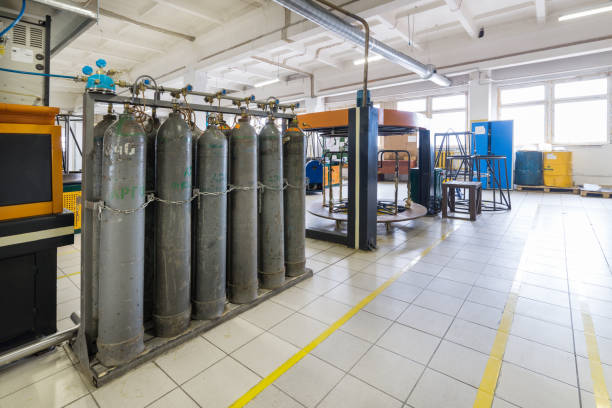 Rows of gray gas cylinders