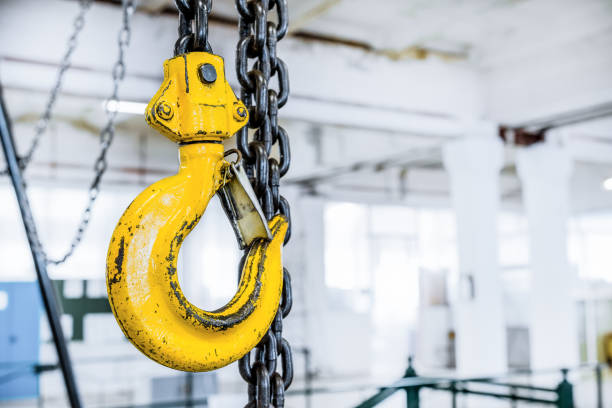 Yellow steel load-lifting hook stock photo