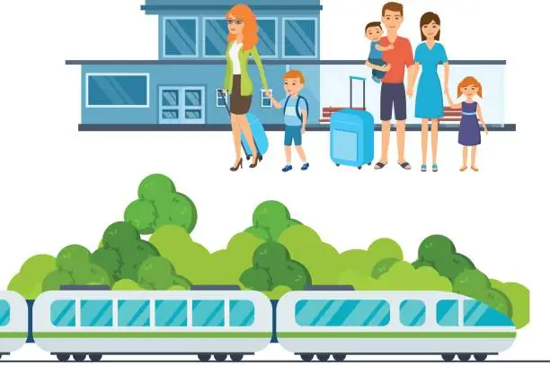 Vector illustration of Families with luggage await arrival of train at railway station