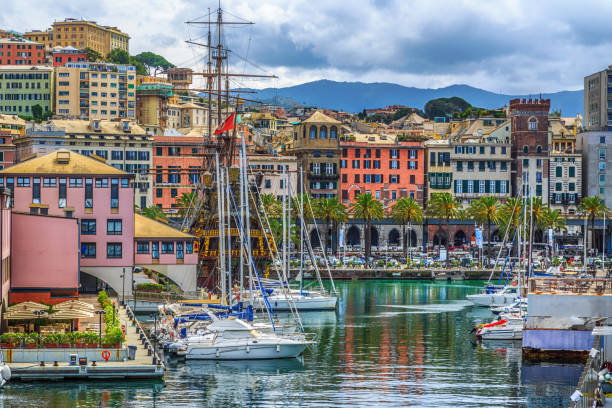 Genoa port sea view with yachts panoramic