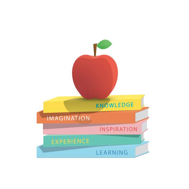 illustrazioni stock, clip art, cartoni animati e icone di tendenza di apple in alto impila libri bianco sfondo illustrazione vettore. concetto di istruzione. - textbook
