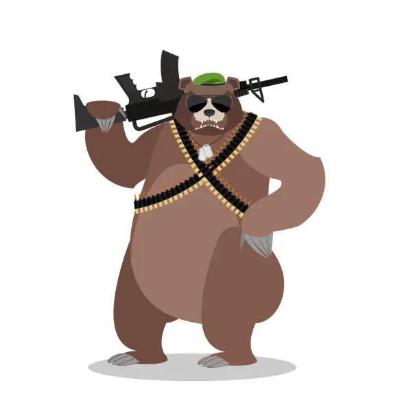 Vector illustration of Military Bear with rifle. Grizzlies with gun. Wild beast and machine-gun tape. Animal soldiers. Army style. Soldiers badge and green beret