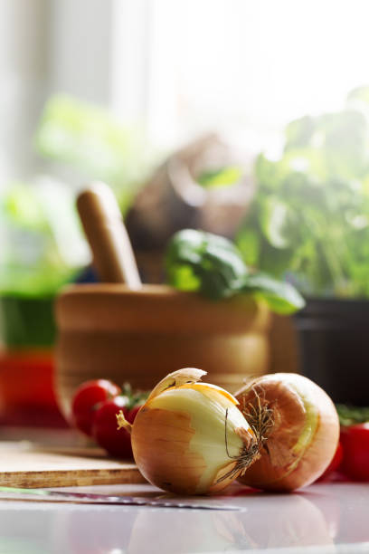 istock Kitchen Background Cooking Food Concept. Onion on Table. Vegetables on Table. Cooking Process. 683512094