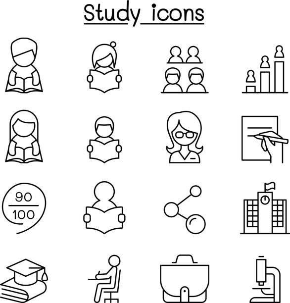 ilustraciones, imágenes clip art, dibujos animados e iconos de stock de conjunto de icono de aprendizaje, estudio y educación en estilo de línea fina - icono niño leyendo