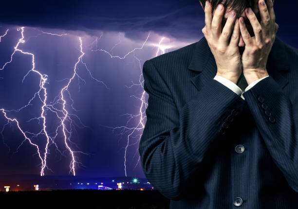 istock Businessman in despair on stormy sky 683526440