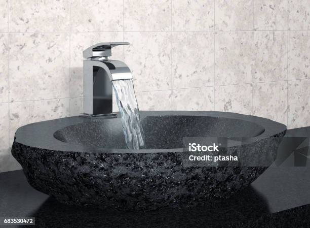 Bathroom Faucet And Black Stone Sink Stock Photo - Download Image Now - Bathroom, Sink, Black Color