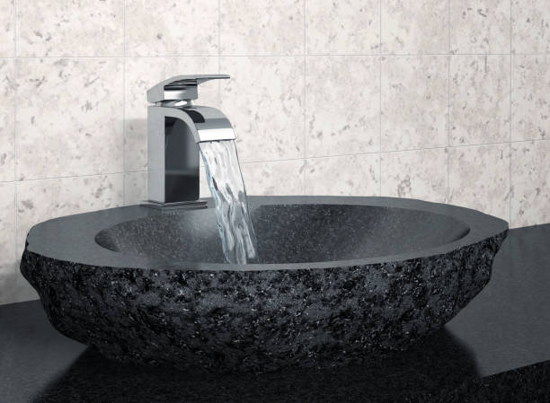 ванная комната кран и черный камень раковина - bathroom black faucet стоковые фото и изображения