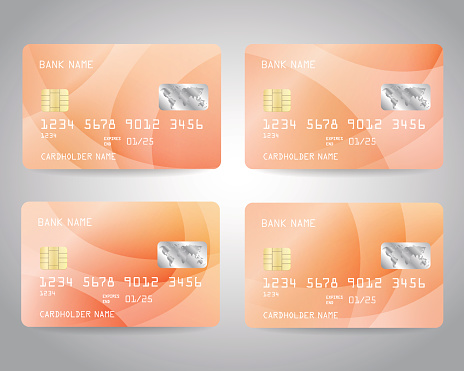Realistic detailed credit cards set with colorful pink pastel abstract design background. Vector template EPS10