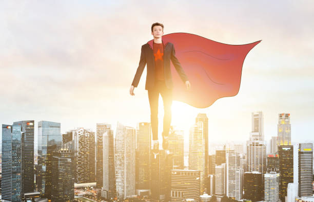 istock Business super hero hover over city skyline 683530826