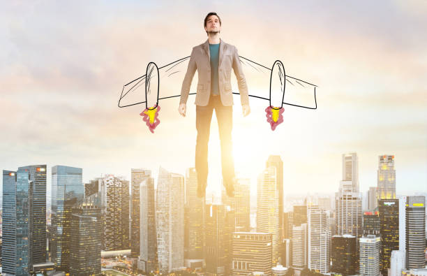 istock Business man hover over city skyline 683530860