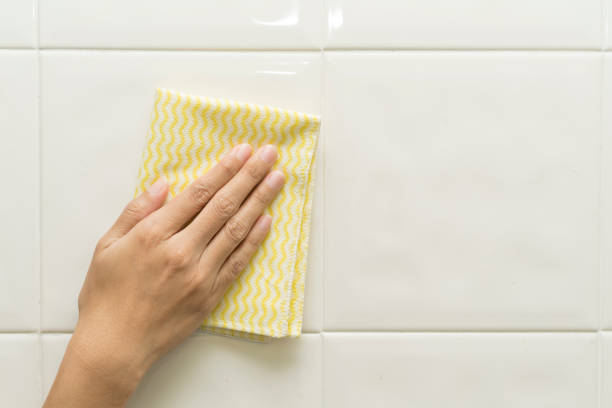 istock Cleaning tile wall by woman hand 683534904