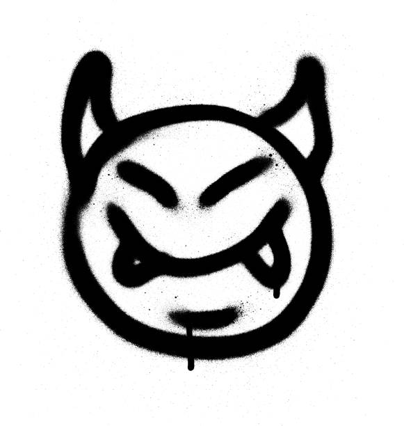 ilustrações de stock, clip art, desenhos animados e ícones de graffiti sprayed devil emoticon in black on white - spray paint vandalism symbol paint