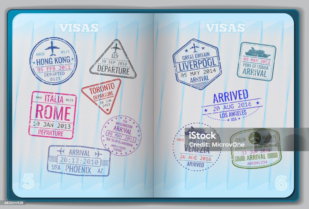 Open passport for foreign traveling Open passport for foreign traveling. Pages with immigration vector icon set stamps. Personal passport with stamps arrived illustration Passport stock vector