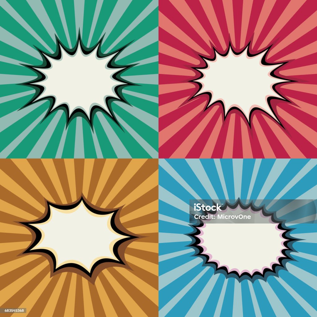 Blank pop art speech bubbles and burst shapes on retro superhero sunset background vector set Blank pop art speech bubbles and burst shapes on retro superhero sunset background vector set. Backdrop bang burst, illustration of page with radial burst Lens Flare stock vector