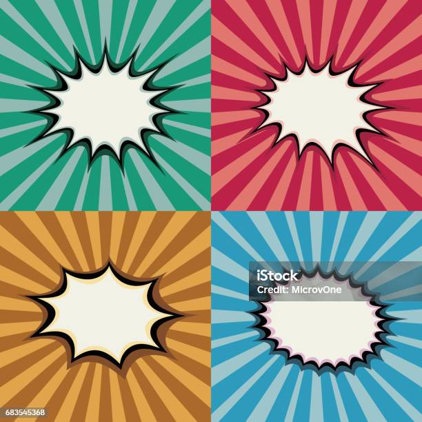 Blank Pop Art Speech Bubbles And Burst Shapes On Retro Superhero Sunset Background Vector Set Stock Illustration - Download Image Now