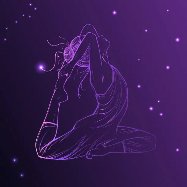 Vector illustration of Beautiful woman on the Cosmic Sky. Vector illustration of bright purple star planet zodiacal symbols Astrology,