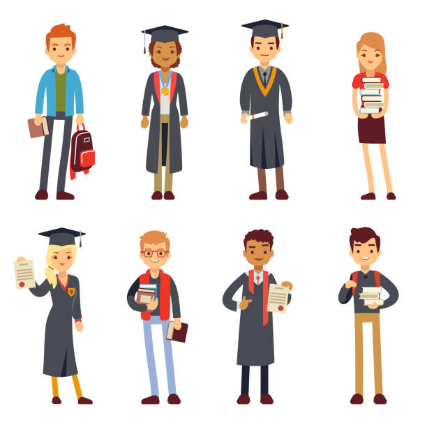 ilustrações de stock, clip art, desenhos animados e ícones de happy students and graduates young learning people vector characters - lifestyles student university graduation