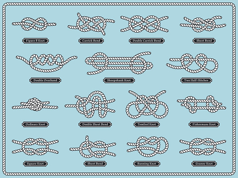 Sailing rope knots. Vector set of nautical design elements. Knot rope bowline, illustration of decorative double sailing knot