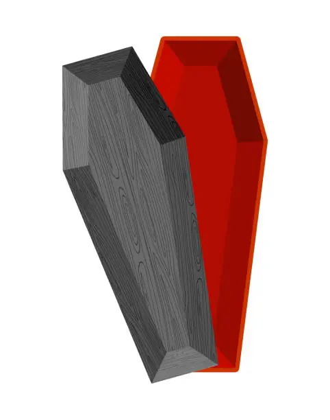 Vector illustration of Black open coffin. Red interior of casket. Religious object for burial