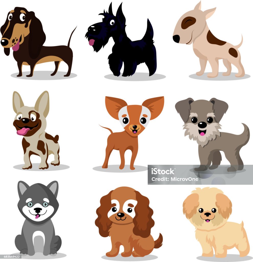 Cute happy dogs. Cartoon funny puppies vector characters collection Cute happy dogs. Cartoon funny puppies vector characters collection. Set of breed dogs, illustration of friendly animal Dog stock vector