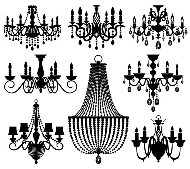 illustrazioni stock, clip art, cartoni animati e icone di tendenza di silhouette vettoriali lampadari di cristallo vintage isolate su bianco - chandelier