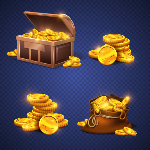 ilustrações de stock, clip art, desenhos animados e ícones de wooden chest and big old bag with gold coins, money stack isolated - coin box