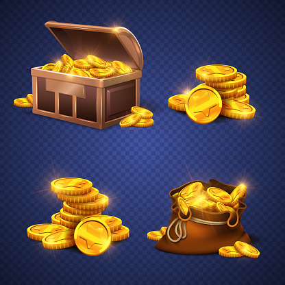 Wooden chest and big old bag with gold coins, money stack isolated. Video game vector rich assets illustration