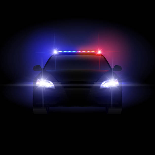 ilustraciones, imágenes clip art, dibujos animados e iconos de stock de coche de policía de sheriff en la noche con ilustración de vector de luz que destella - police lights
