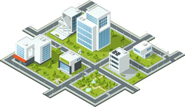 Vector illustration of Isometric vector illustration of public constructions. Buildings and trees on 3d map fragment. Cartography picture