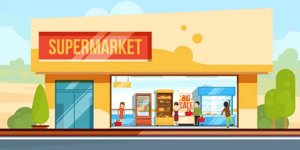 Vector illustration of Supermarket in front view with shopping people in checkout line. Seller assistants. Vector illustration in flat style