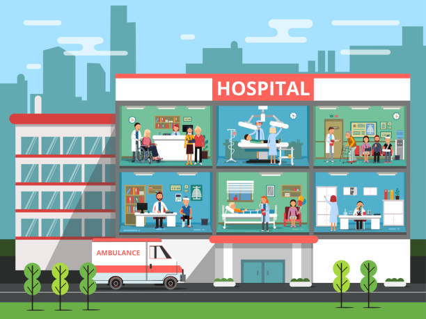 Hospital rooms with medical personnels, doctors and patients. Clinic building vector illustrations Hospital rooms with medical personnels, doctors and patients. Clinic building vector illustrations. Interior of clinical or hospital, medical reception office department clinic hospital patterns stock illustrations