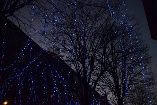 istock Night streets with lit Christmas lights. 683553974