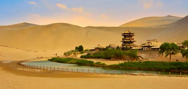 Yueya Spring is a crescent-shaped lake in an oasis, 6 km south of the city of Dunhuang in Gansu Province, China.