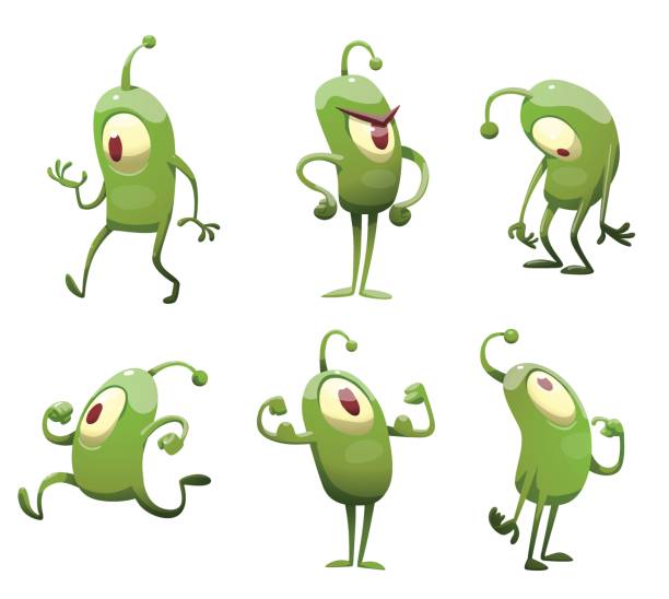 satz von lustigen grünen mikroben - green monster stock-grafiken, -clipart, -cartoons und -symbole