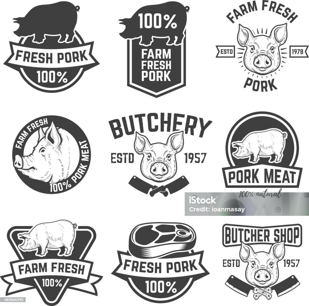 farm fresh pork meat emblems. Design elements for label, sign. Vector illustration. Pig stock vector