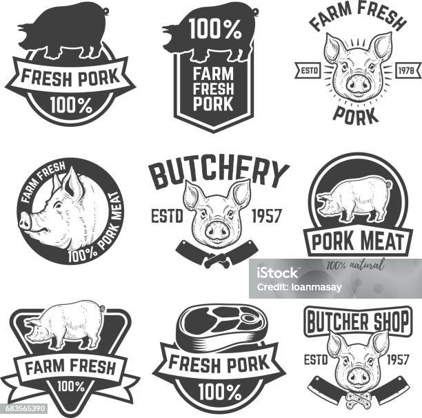 Farm Fresh Pork Meat Emblems Design Elements For Label Sign Vector Illustration Stock Illustration - Download Image Now