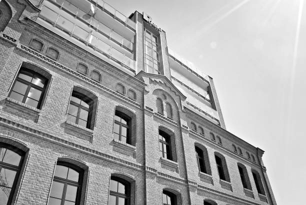 Architectural details of modern apartment building. Black and white