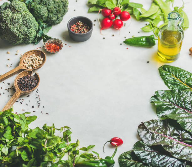 istock Healthy vegetables, greens and grains, copy space 683571874