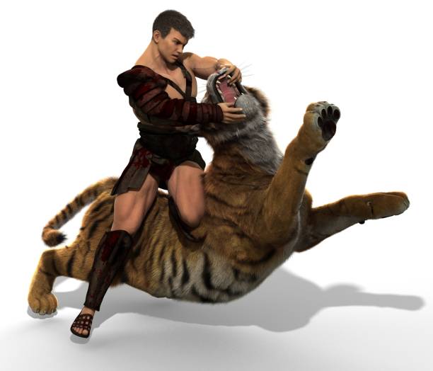 istock 3D Illustration of a Gladiator fighting with a tiger isolated on white background 683571880
