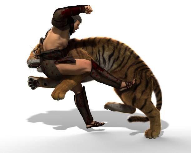 istock 3D Illustration of a Gladiator fighting with a tiger isolated on white background 683572120